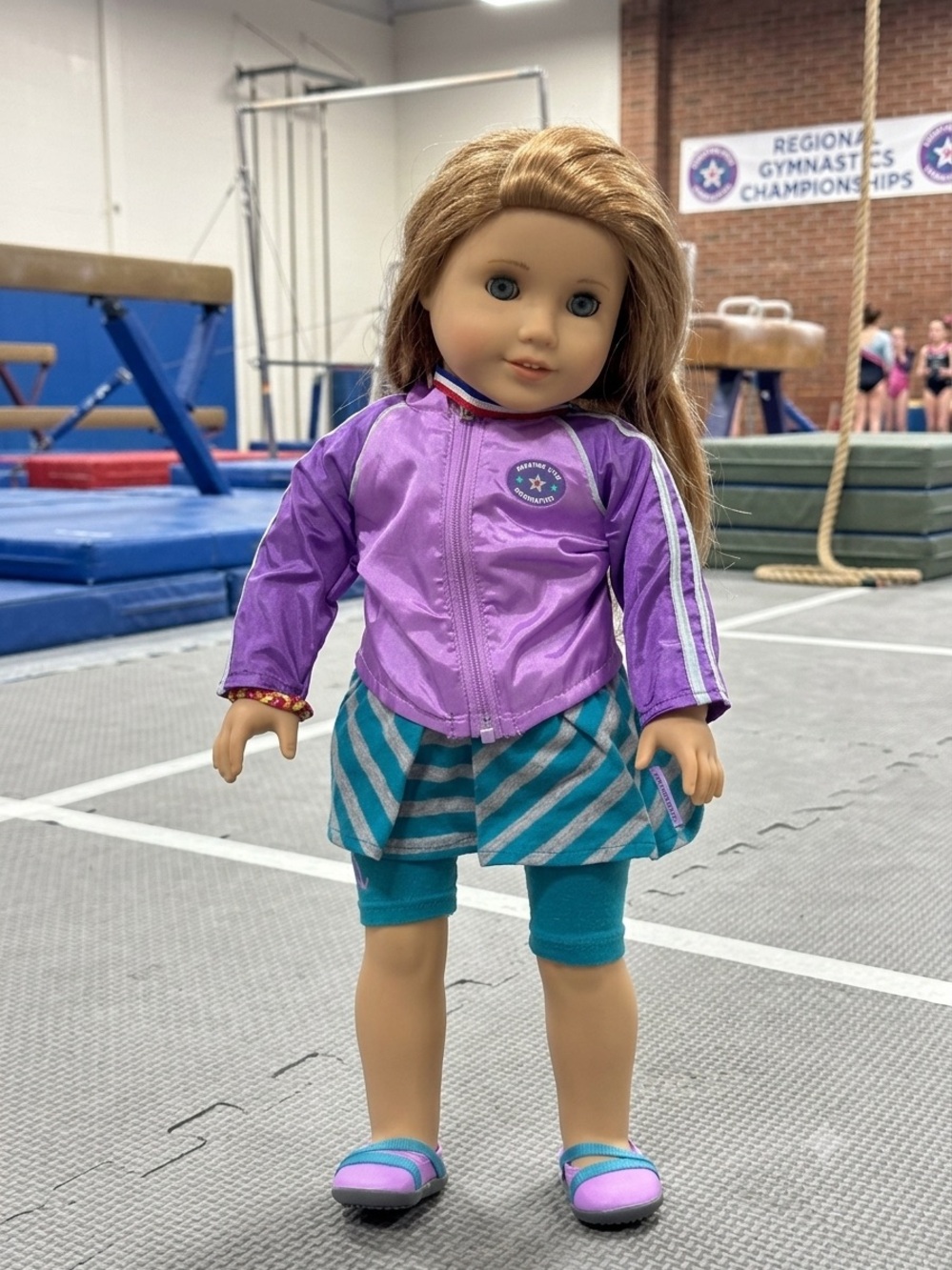American Girl Purple Jacket with Teal Striped Swim Skirt Set, plus bonus gym mat